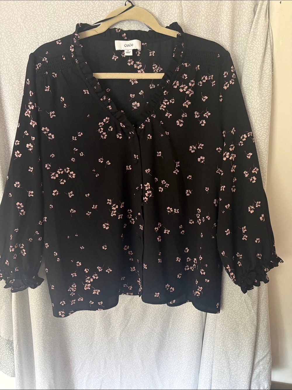 CeCe Black button down Blouse with Pink Floral Print
